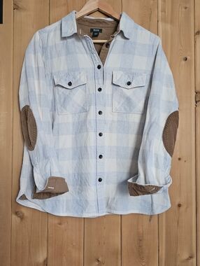 Roots Light Grey & White Plaid Button-Up Shirt with Brown Elbow Patches